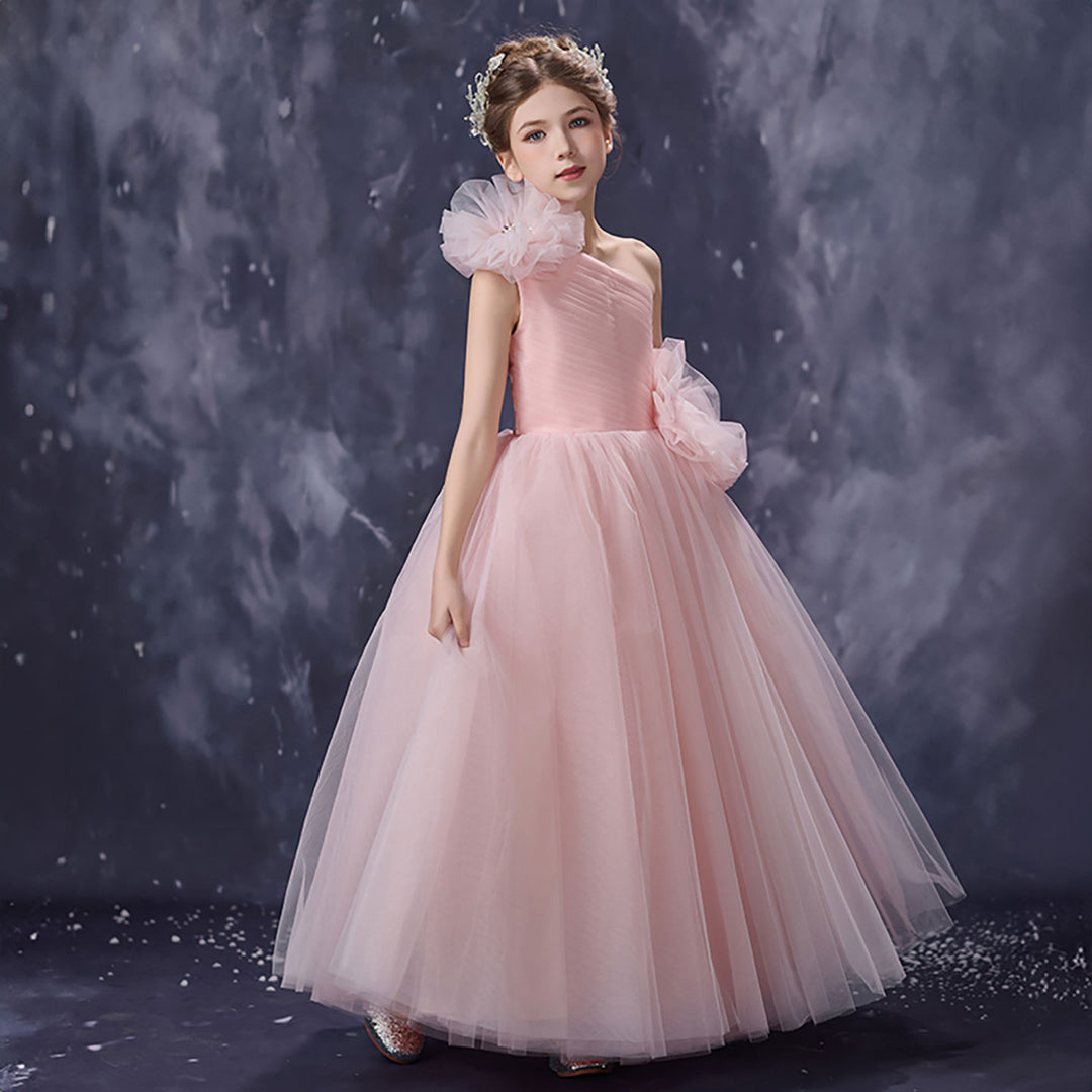 Romantic Pink Flower Girl Dress Asymmetric One Shoulder Bow Tulle Wedding Gown D353