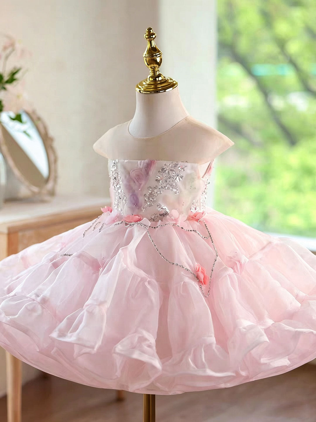 Elegant Pink Flower Girl Dress with Silver Chain Sequins Girls Layered Ruffle Tulle Birthday Party Dress D283