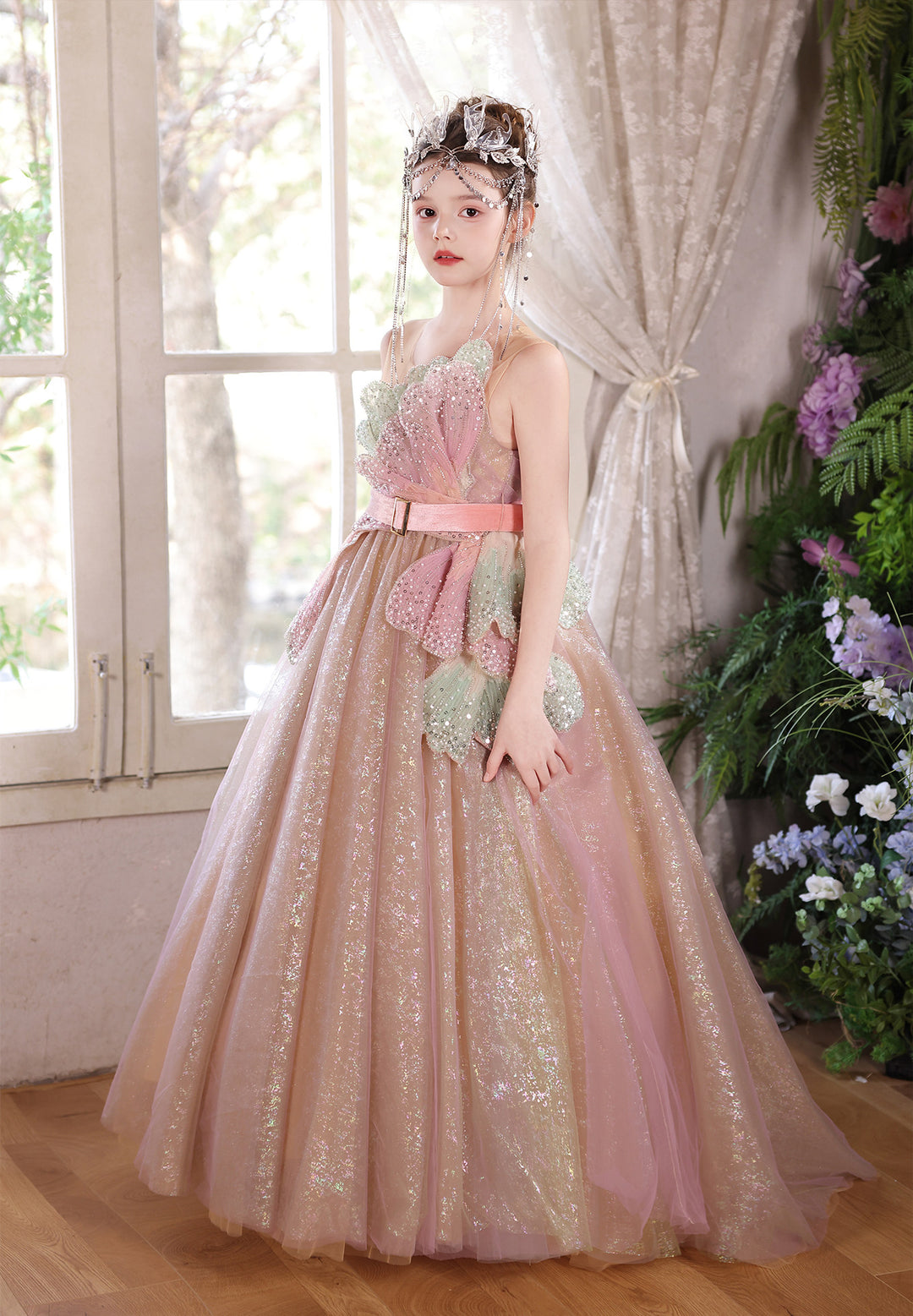 Enchanted Pink Gold Flower Girl Dress Sequin Bow One-Shoulder Wedding Ball Gown J005 Pink / child-6 Enchanted Pink Gold Flower Girl Dress Sequin Bow One-Shoulder Wedding Ball Gown J005 Pink / child-6