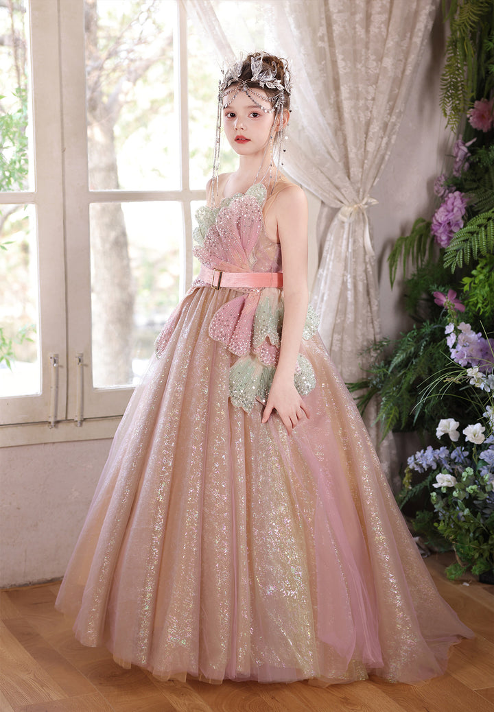 Enchanted Pink Gold Flower Girl Dress Sequin Bow One-Shoulder Wedding Ball Gown J005