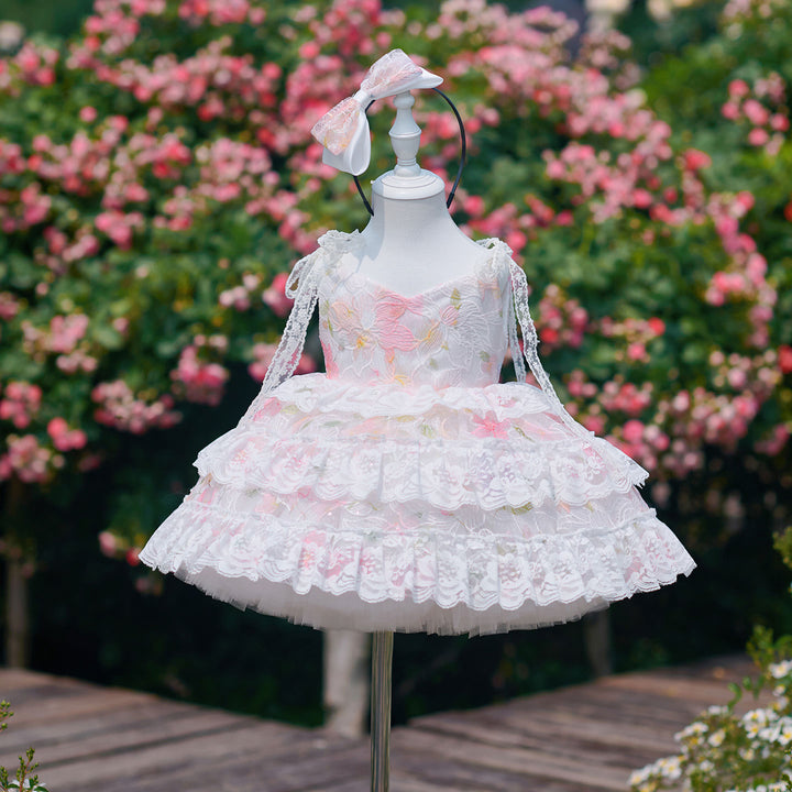 Vintage Pink Flower Girl Dress with Layered Lace Trim | Toddler Girls Tulle Wedding Ball Gown J908