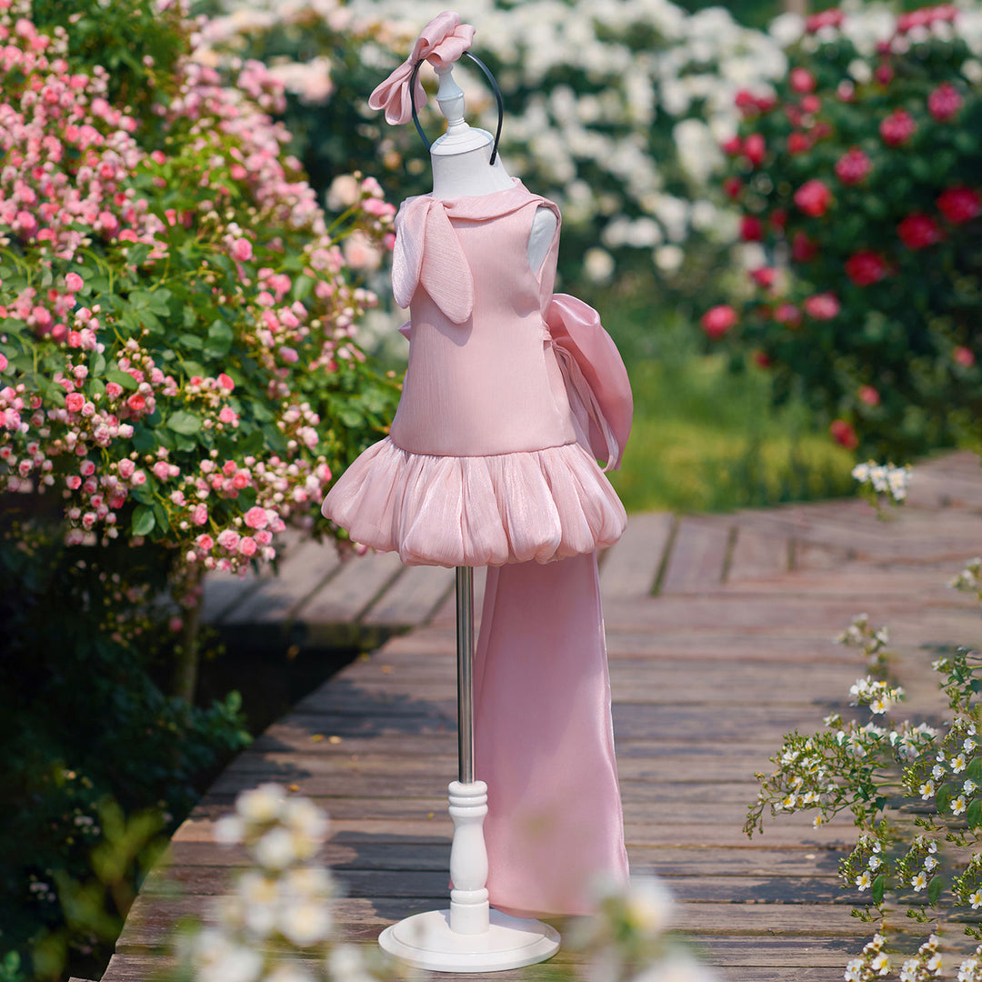 Chic Pink Flower Girl Dress with Large Lapel Collar Elegant Mermaid Style Tulle Party Dress with Long Train J909