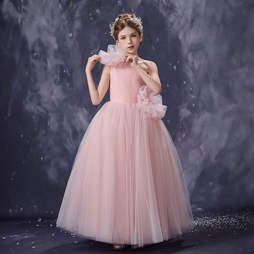 Romantic Pink Flower Girl Dress Asymmetric One Shoulder Bow Tulle Wedding Gown D353