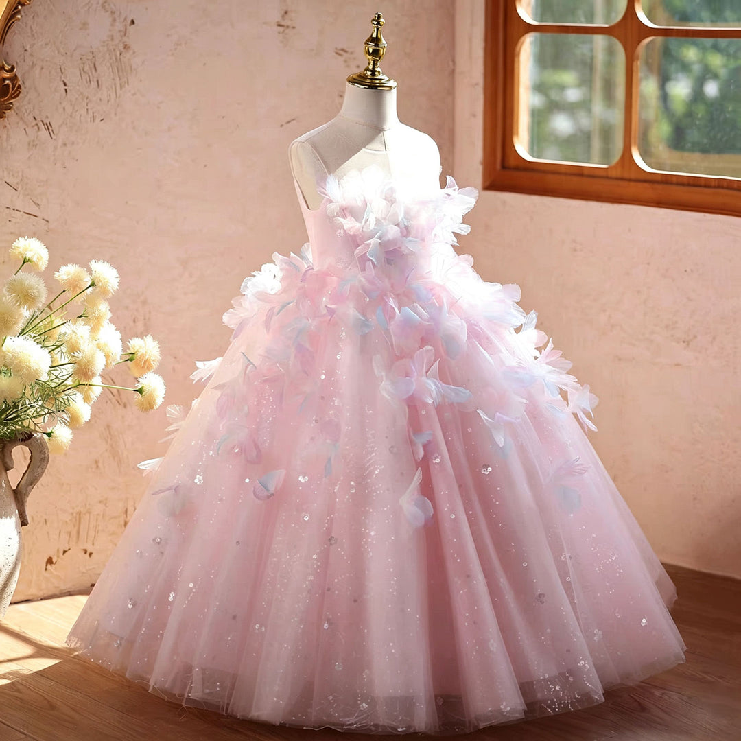 Fairy Tale Pink Flower Girl Dress 3D Butterfly Gradient Tulle Tulle Ball Gown J621