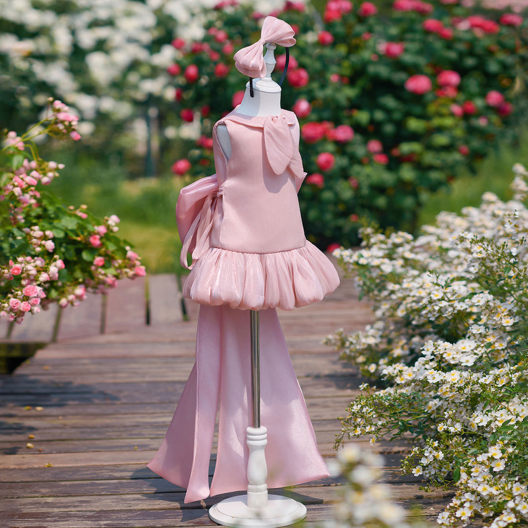 Chic Pink Flower Girl Dress with Large Lapel Collar Elegant Mermaid Style Tulle Party Dress with Long Train J909
