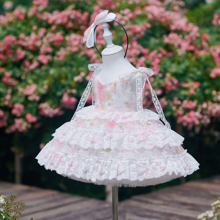 Vintage Pink Flower Girl Dress with Layered Lace Trim | Toddler Girls Tulle Wedding Ball Gown J908