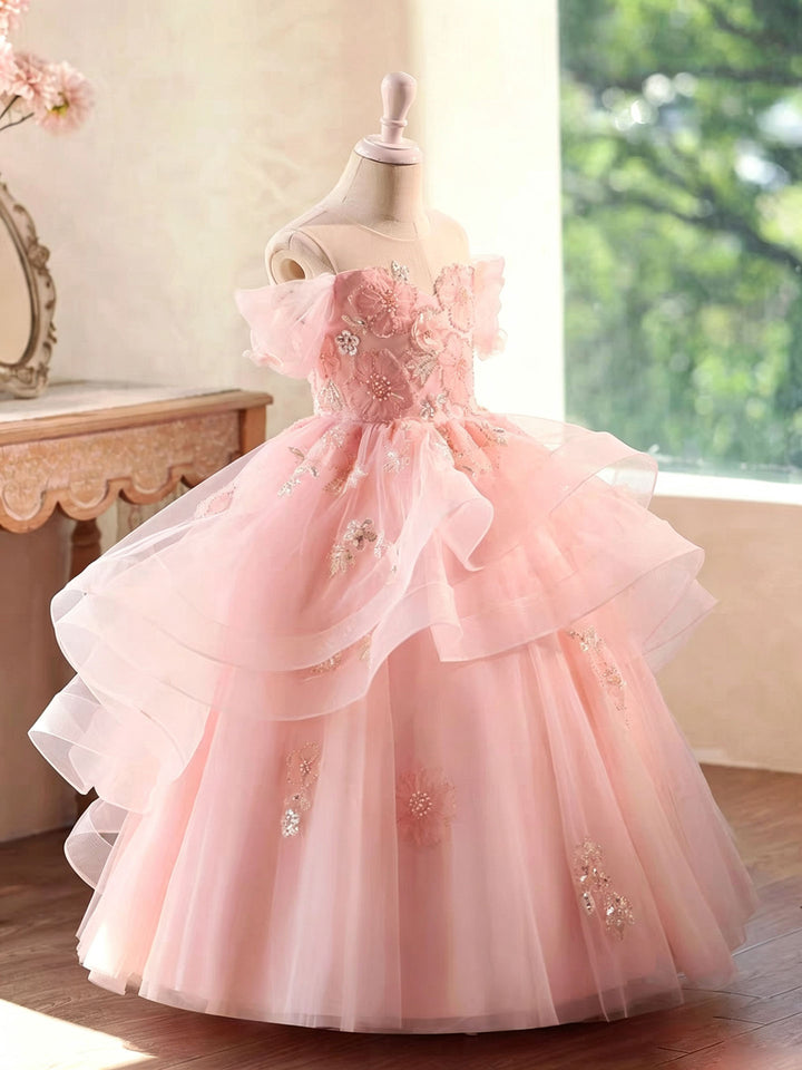 Romantic Pink Flower Girl Dress Off-Shoulder Bow Back Tulle Wedding Reception Gown D347