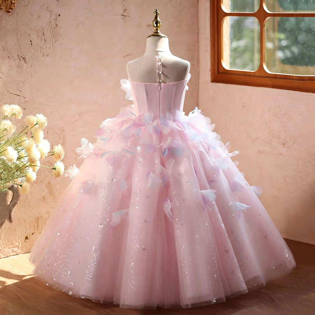 Fairy Tale Pink Flower Girl Dress 3D Butterfly Gradient Tulle Tulle Ball Gown J621