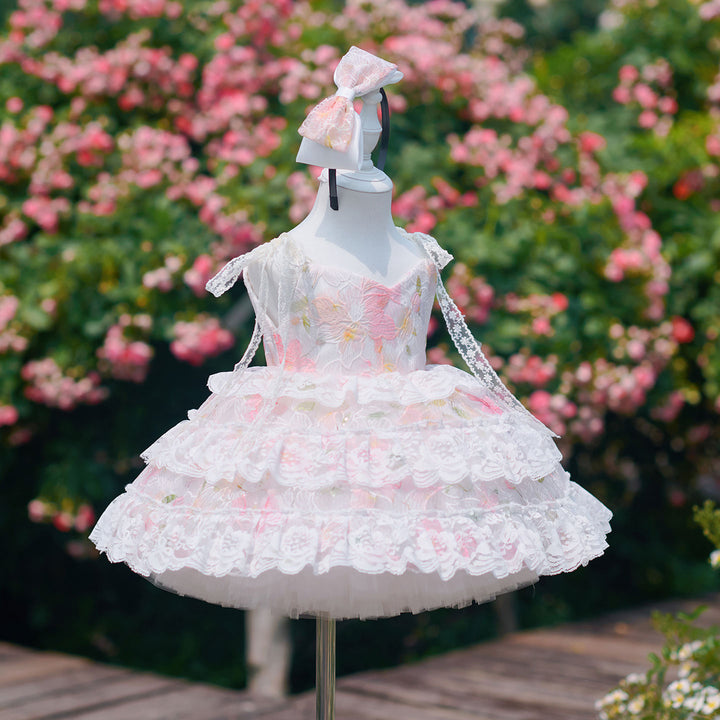 Vintage Pink Flower Girl Dress with Layered Lace Trim | Toddler Girls Tulle Wedding Ball Gown J908
