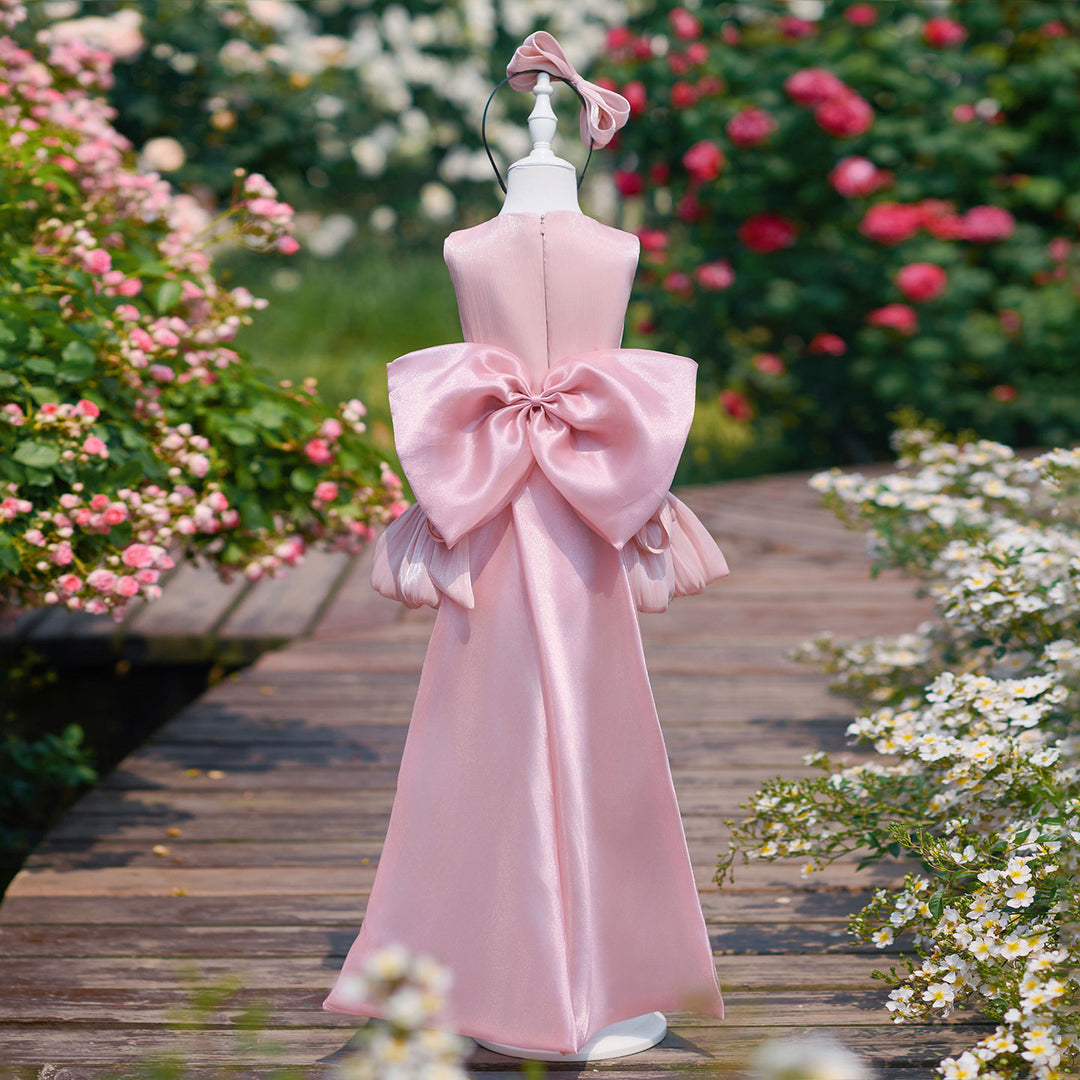 Chic Pink Flower Girl Dress with Large Lapel Collar Elegant Mermaid Style Tulle Party Dress with Long Train J909