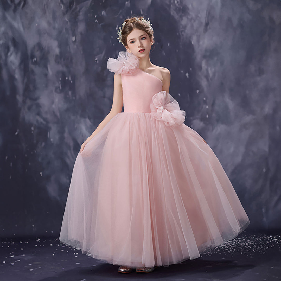 Romantic Pink Flower Girl Dress Asymmetric One Shoulder Bow Tulle Wedding Gown D353