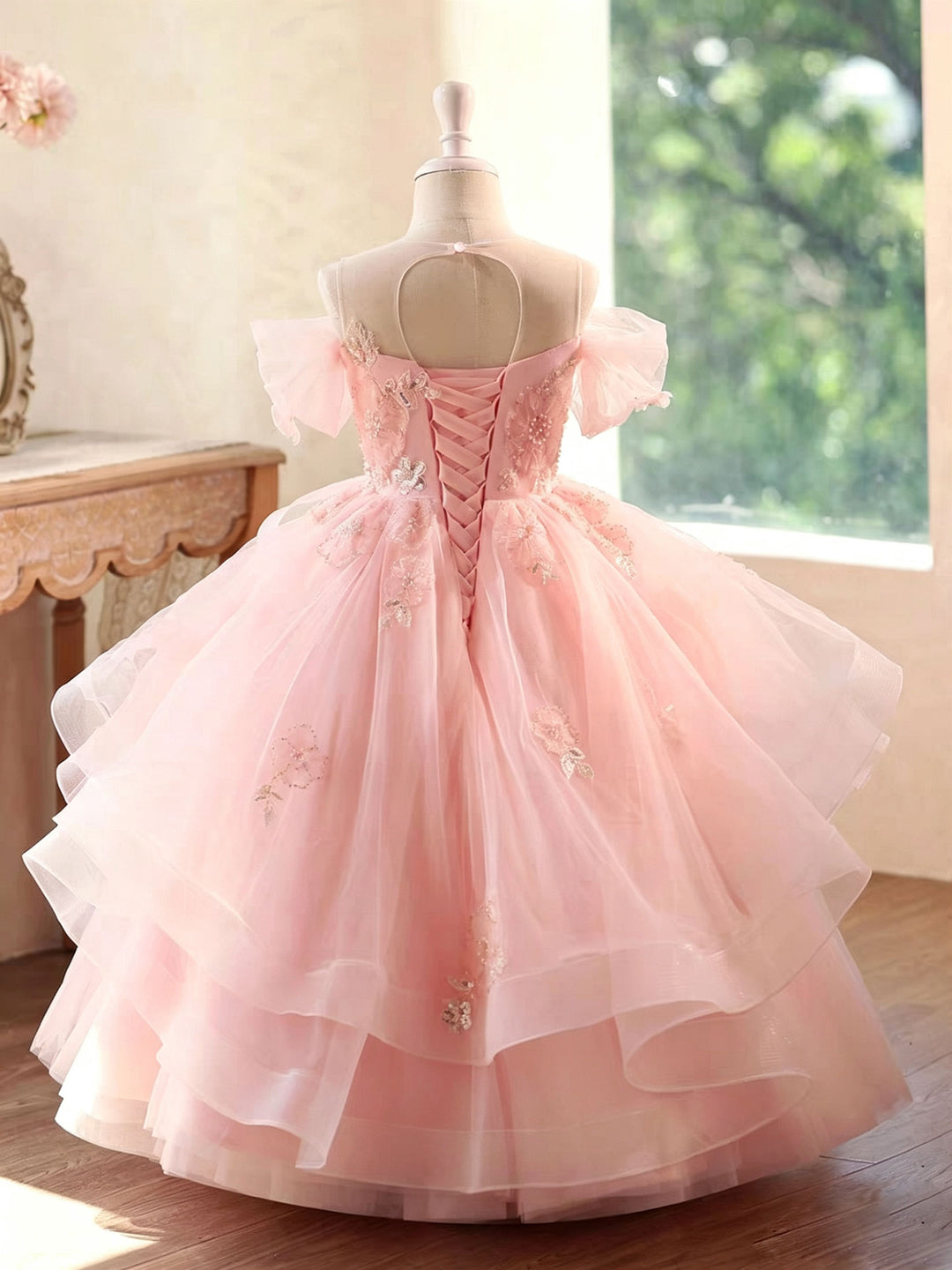 Romantic Pink Flower Girl Dress Off-Shoulder Bow Back Tulle Wedding Reception Gown D347