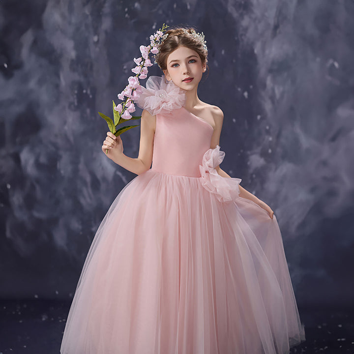 Romantic Pink Flower Girl Dress Asymmetric One Shoulder Bow Tulle Wedding Gown D353