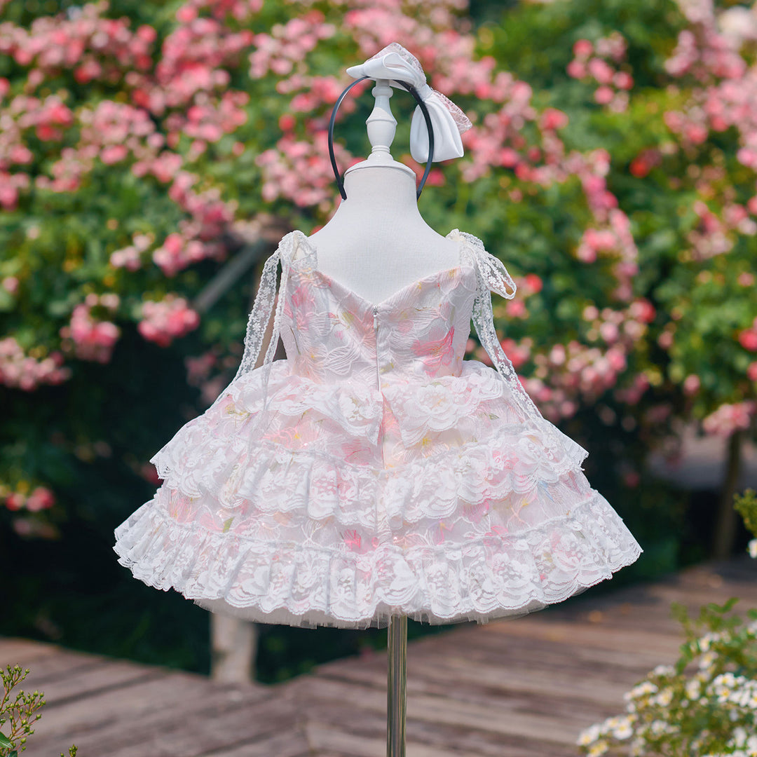 Vintage Pink Flower Girl Dress with Layered Lace Trim | Toddler Girls Tulle Wedding Ball Gown J908