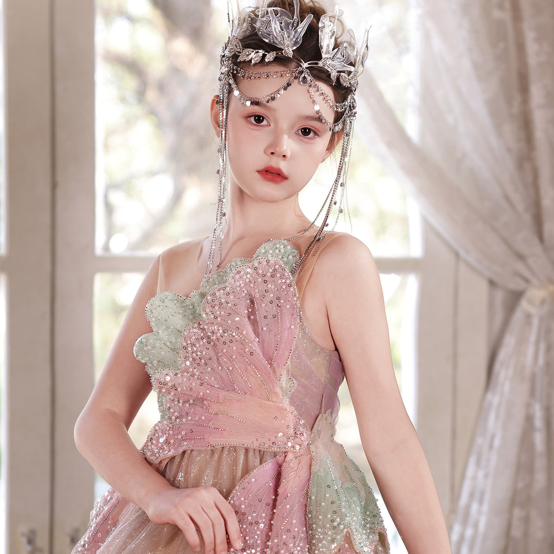 Enchanted Pink Gold Flower Girl Dress Sequin Bow One-Shoulder Wedding Ball Gown J005
