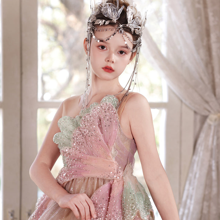 Enchanted Pink Gold Flower Girl Dress Sequin Bow One-Shoulder Wedding Ball Gown J005