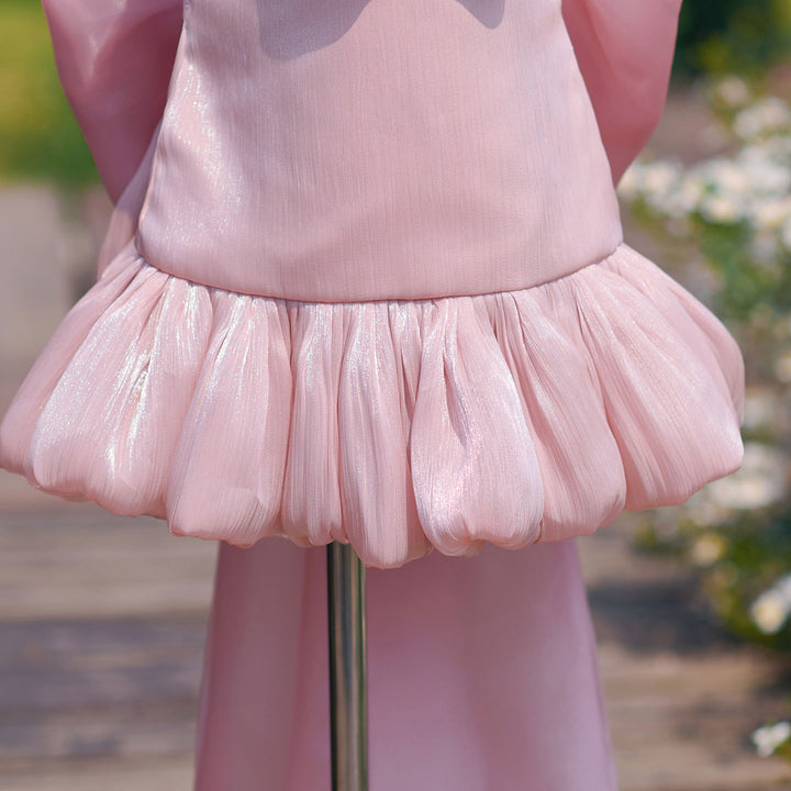 Chic Pink Flower Girl Dress with Large Lapel Collar Elegant Mermaid Style Tulle Party Dress with Long Train J909