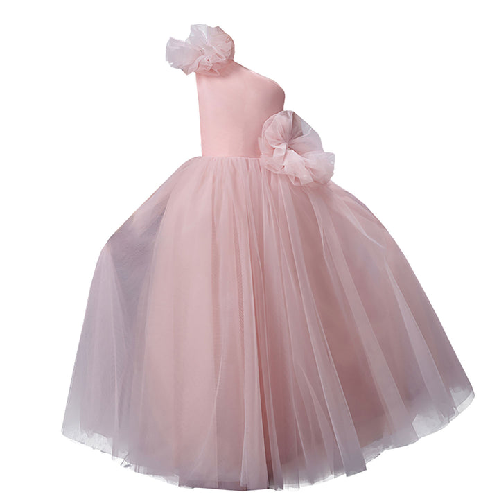 Romantic Pink Flower Girl Dress Asymmetric One Shoulder Bow Tulle Wedding Gown D353