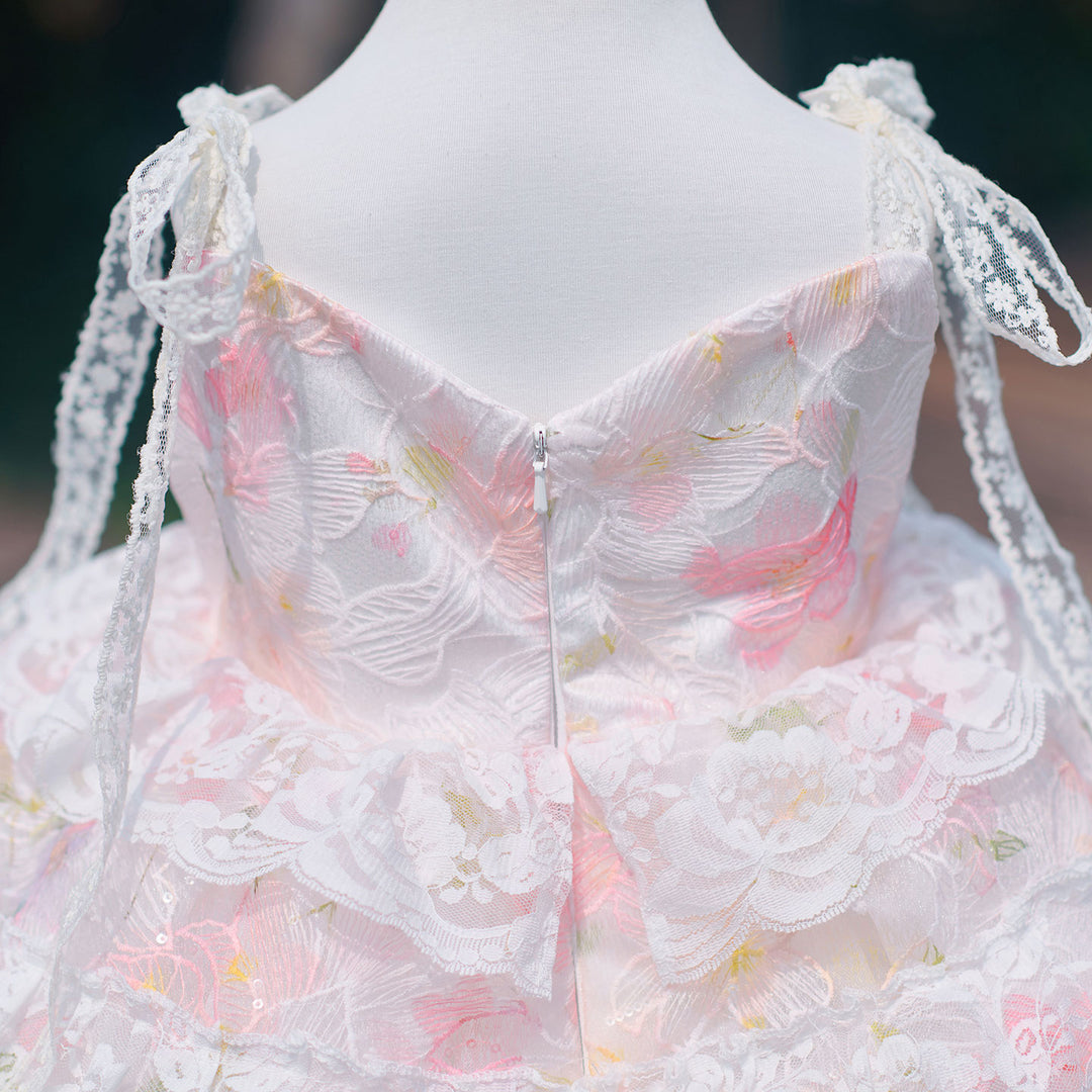 Vintage Pink Flower Girl Dress with Layered Lace Trim | Toddler Girls Tulle Wedding Ball Gown J908