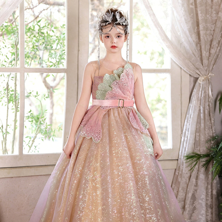 Enchanted Pink Gold Flower Girl Dress Sequin Bow One-Shoulder Wedding Ball Gown J005