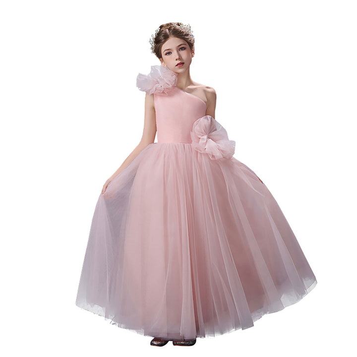 Romantic Pink Flower Girl Dress Asymmetric One Shoulder Bow Tulle Wedding Gown D353