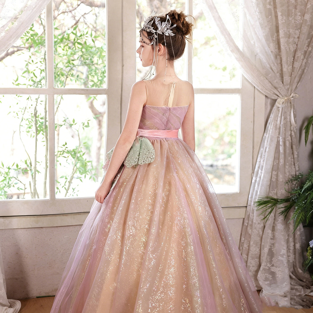 Enchanted Pink Gold Flower Girl Dress Sequin Bow One-Shoulder Wedding Ball Gown J005