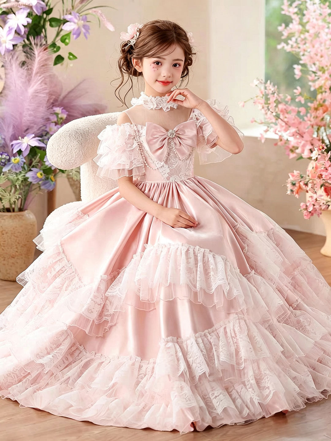 pink ruffle wedding dress Layers Tulle Ball Gown Wedding Dress Drama Pink Wedding Dress AWD1919