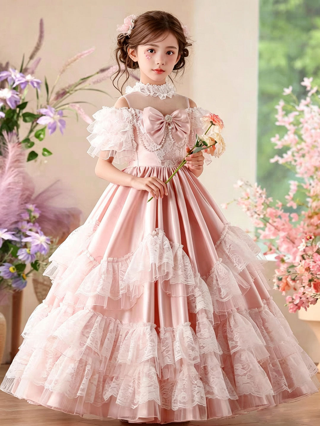 Luxury Pink Flower Girl Dress with Tiered Lace Satin Ruffles Royal Princess Court Style Pageant Wedding Gown D344