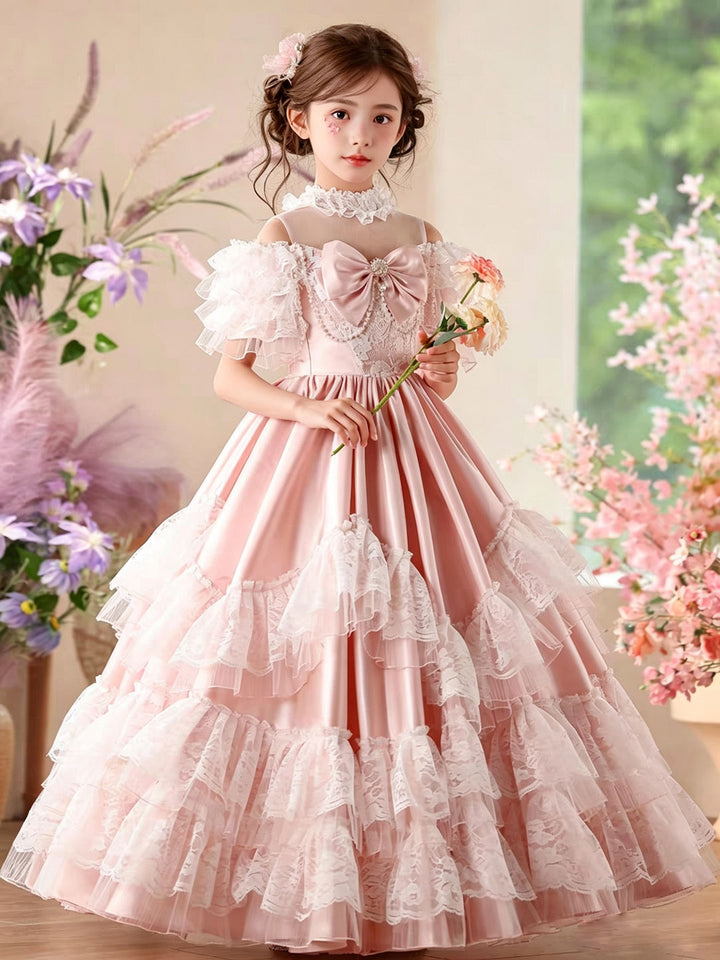 Luxury Pink Flower Girl Dress with Tiered Lace Satin Ruffles Royal Princess Court Style Pageant Wedding Gown D344