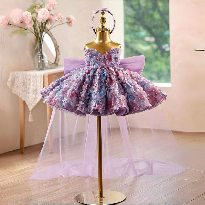 Gorgeous Purple Flower Girl Dress with Floral Appliques Strapless Princess Tulle Birthday Party Dress with Train D285