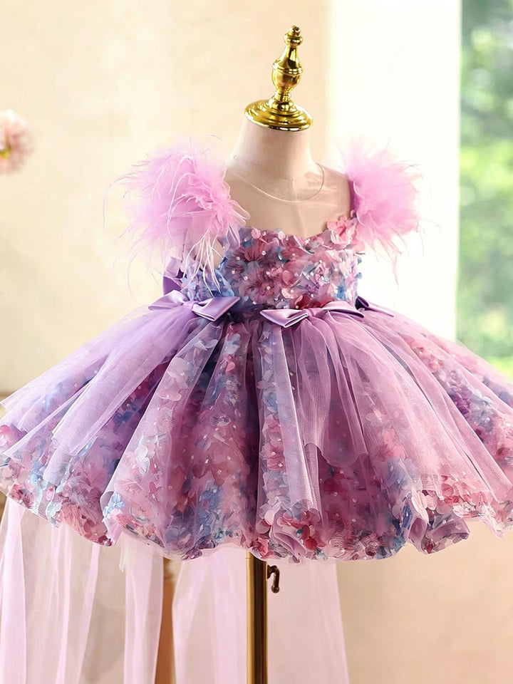 Luxury Purple Flower Girl Dress with Feather Sleeves Girls High Low Floral Tulle Pageant Party Gown D282