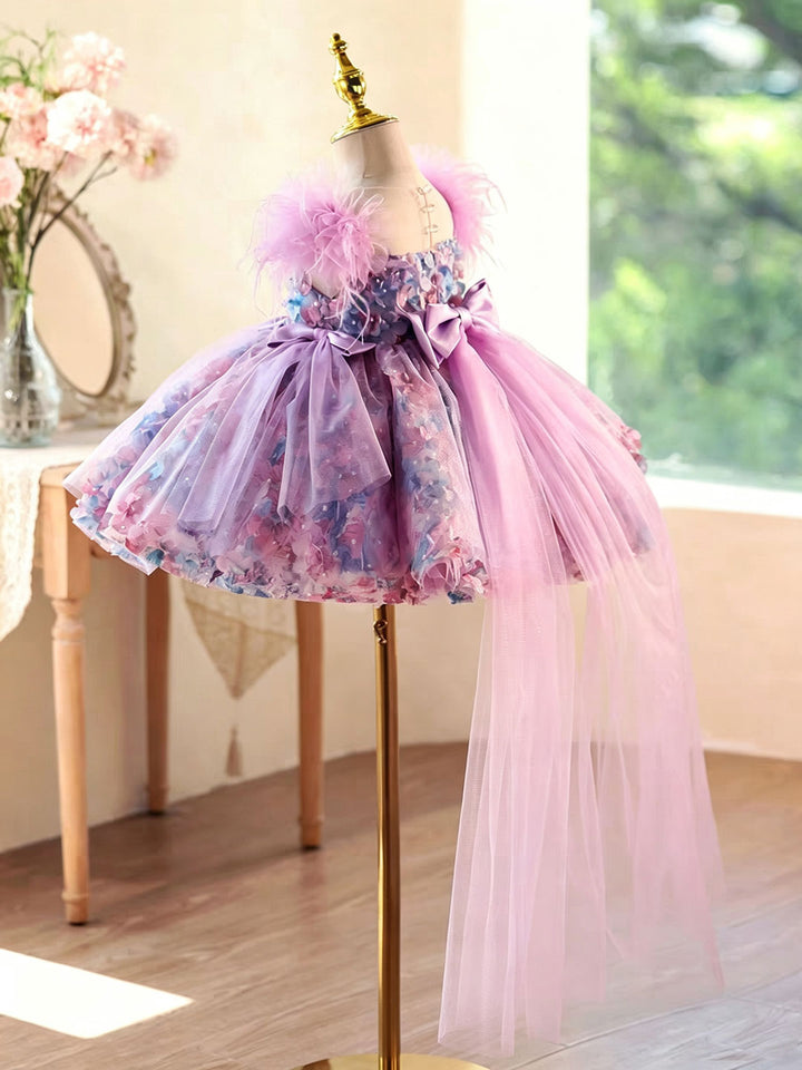 Luxury Purple Flower Girl Dress with Feather Sleeves Girls High Low Floral Tulle Pageant Party Gown D282