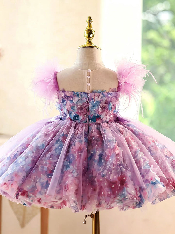 Luxury Purple Flower Girl Dress with Feather Sleeves Girls High Low Floral Tulle Pageant Party Gown D282