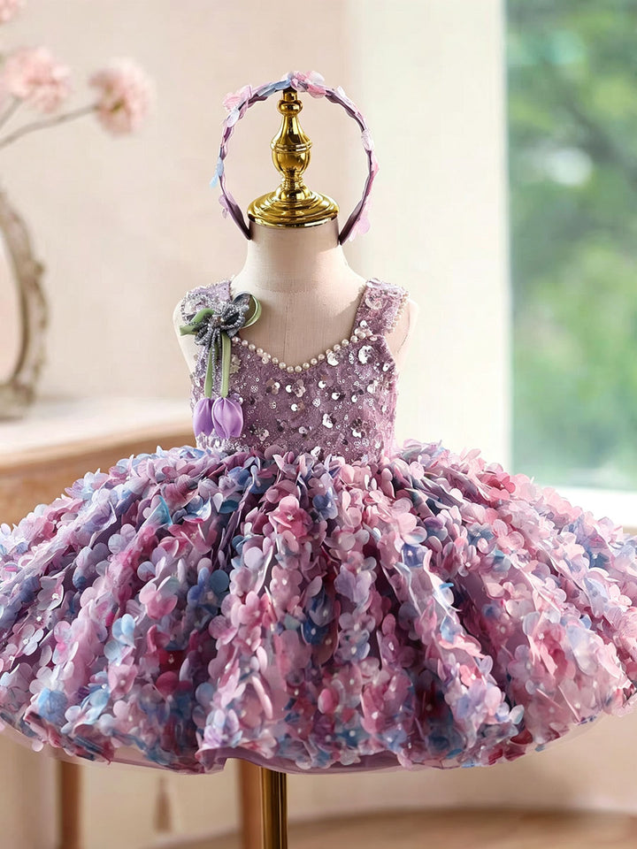 Luxury Purple Flower Girl Dress with Ombre Sequin Bodice 3D Floral Tulle Girls Pageant Gown with Long Train D285B