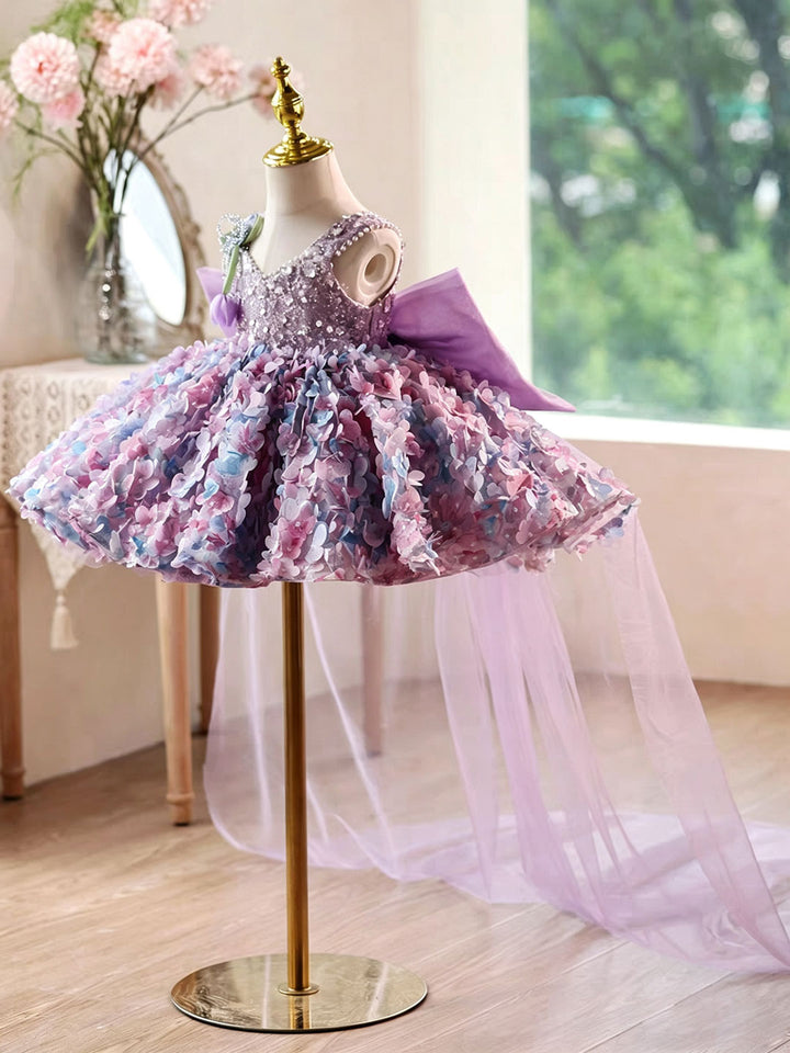 Luxury Purple Flower Girl Dress with Ombre Sequin Bodice 3D Floral Tulle Girls Pageant Gown with Long Train D285B