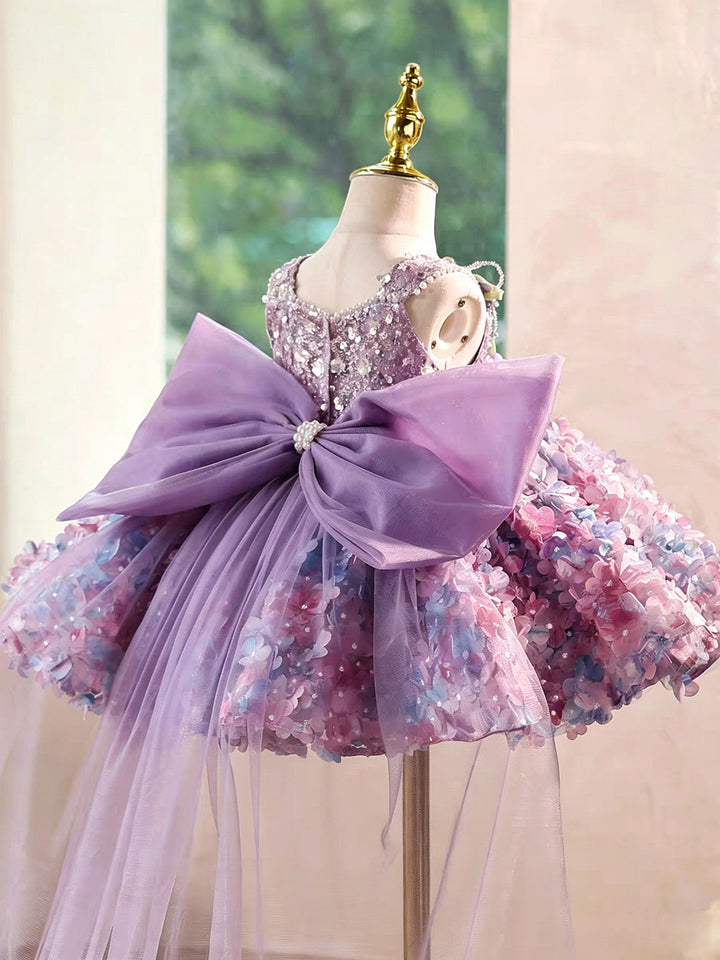 Luxury Purple Flower Girl Dress with Ombre Sequin Bodice 3D Floral Tulle Girls Pageant Gown with Long Train D285B