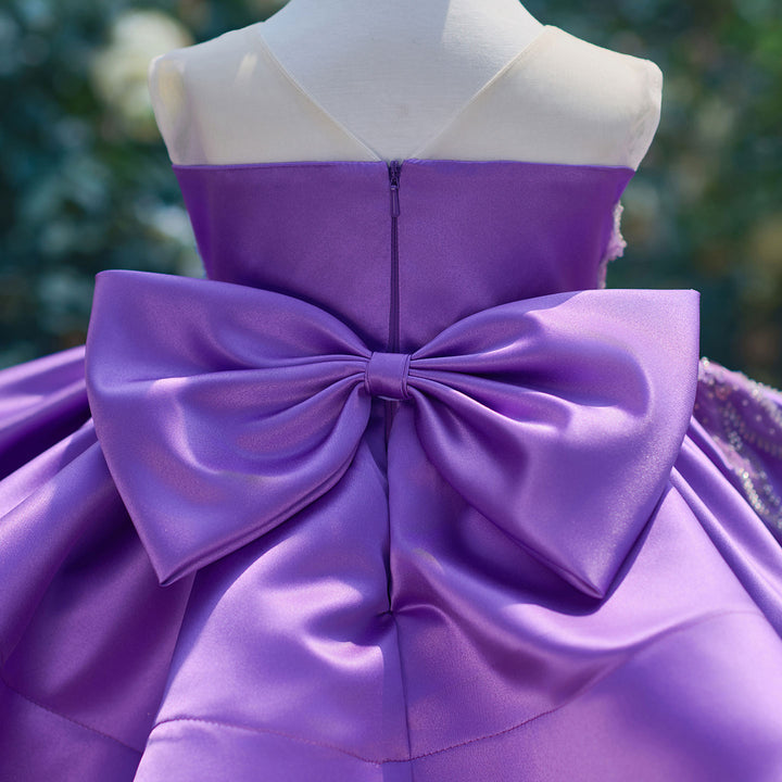 Romantic Flower Girl Dress with Beaded Embroidery Shiny Satin Tulle Kids Princess Birthday Dress J910