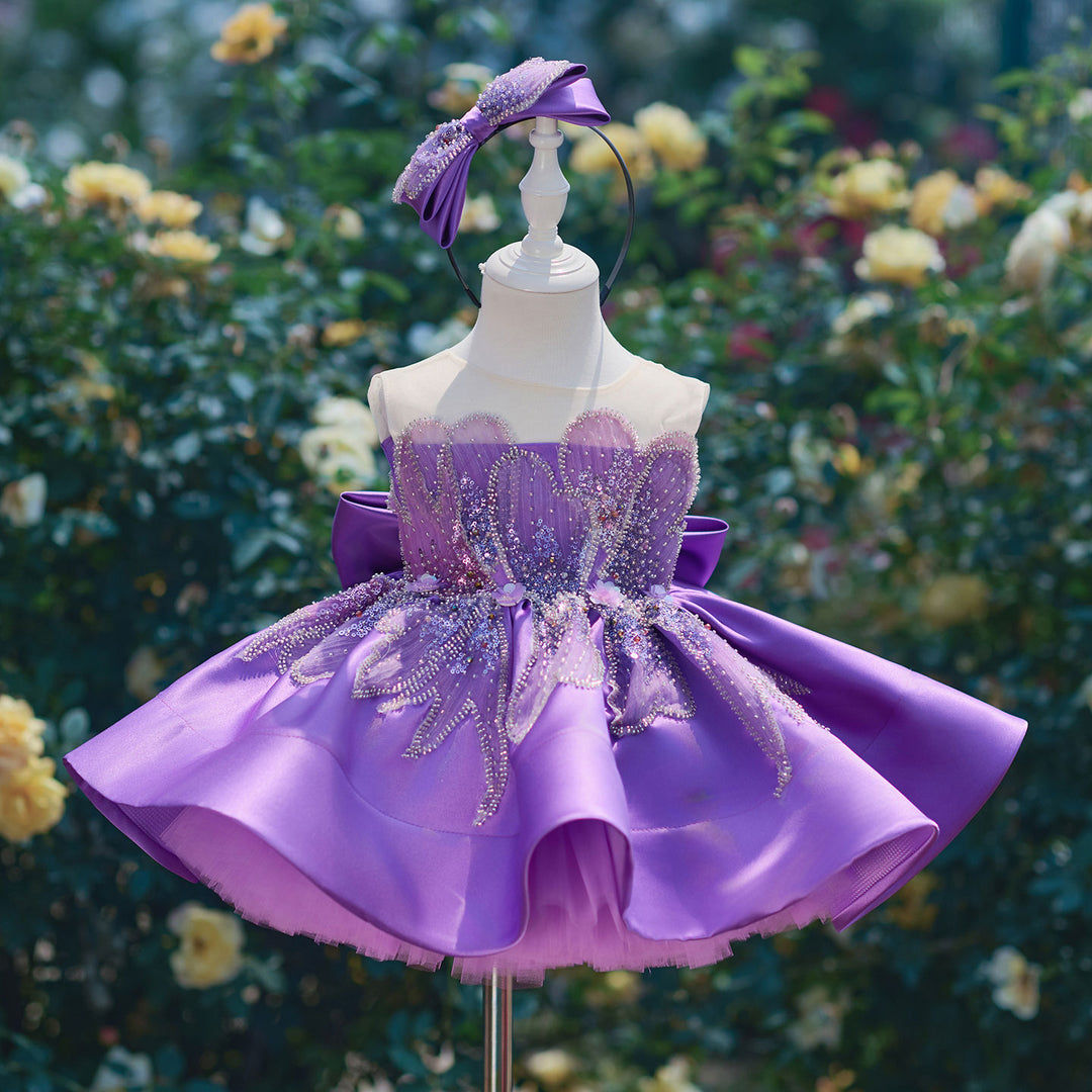 Romantic Flower Girl Dress with Beaded Embroidery Shiny Satin Tulle Kids Princess Birthday Dress J910