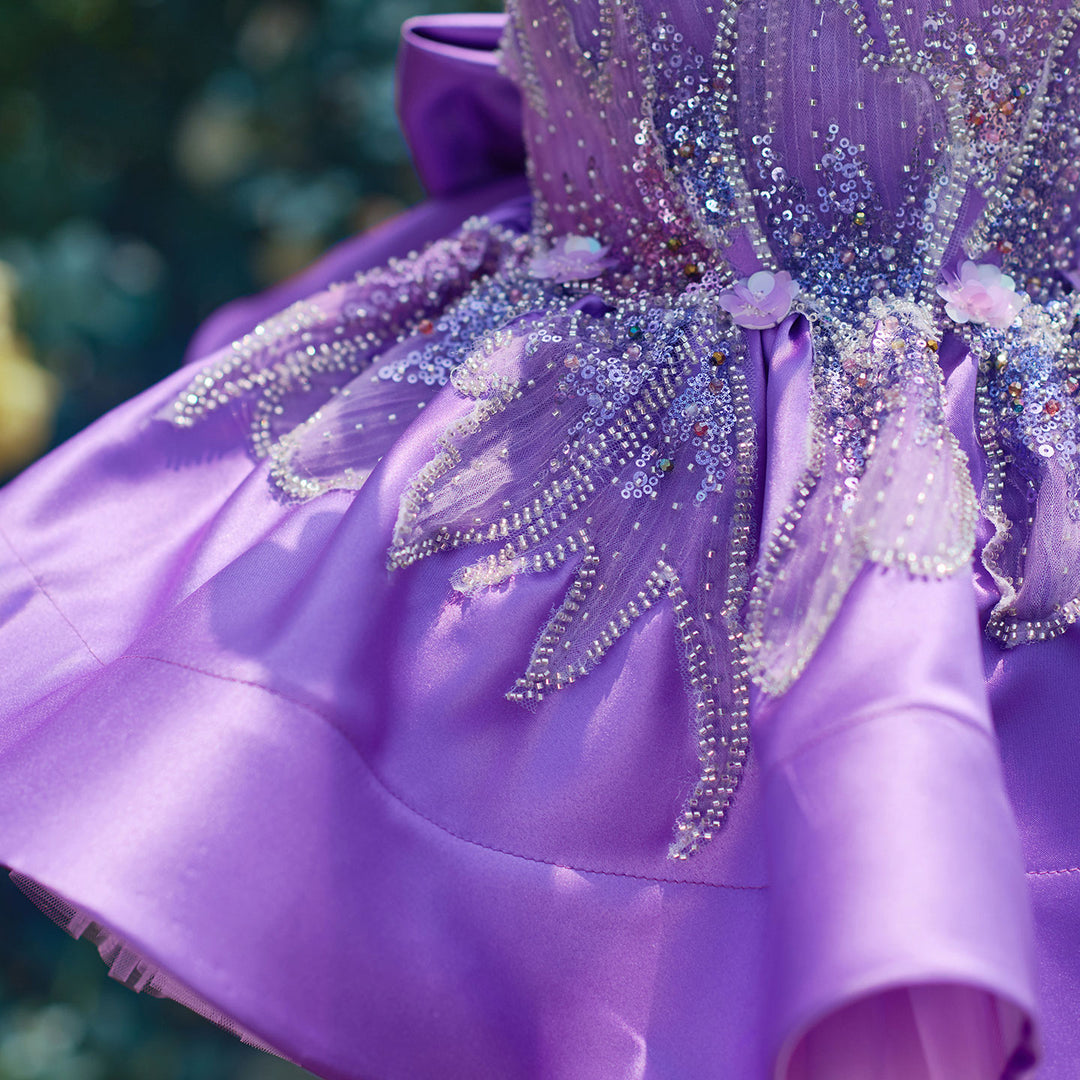 Romantic Flower Girl Dress with Beaded Embroidery Shiny Satin Tulle Kids Princess Birthday Dress J910