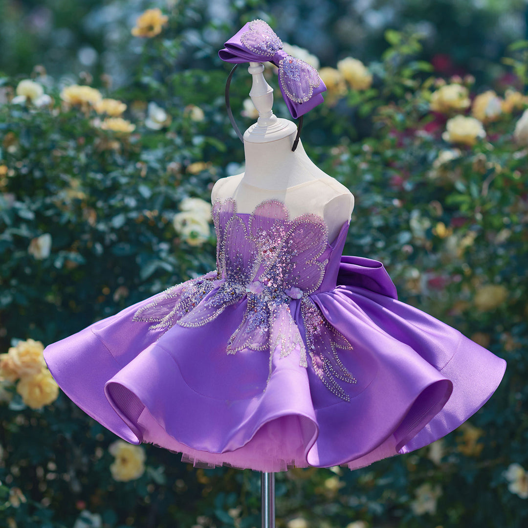 Romantic Flower Girl Dress with Beaded Embroidery Shiny Satin Tulle Kids Princess Birthday Dress J910