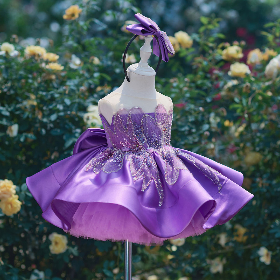 Romantic Flower Girl Dress with Beaded Embroidery Shiny Satin Tulle Kids Princess Birthday Dress J910