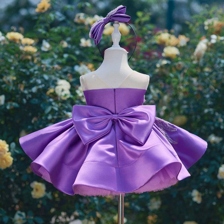 Romantic Flower Girl Dress with Beaded Embroidery Shiny Satin Tulle Kids Princess Birthday Dress J910
