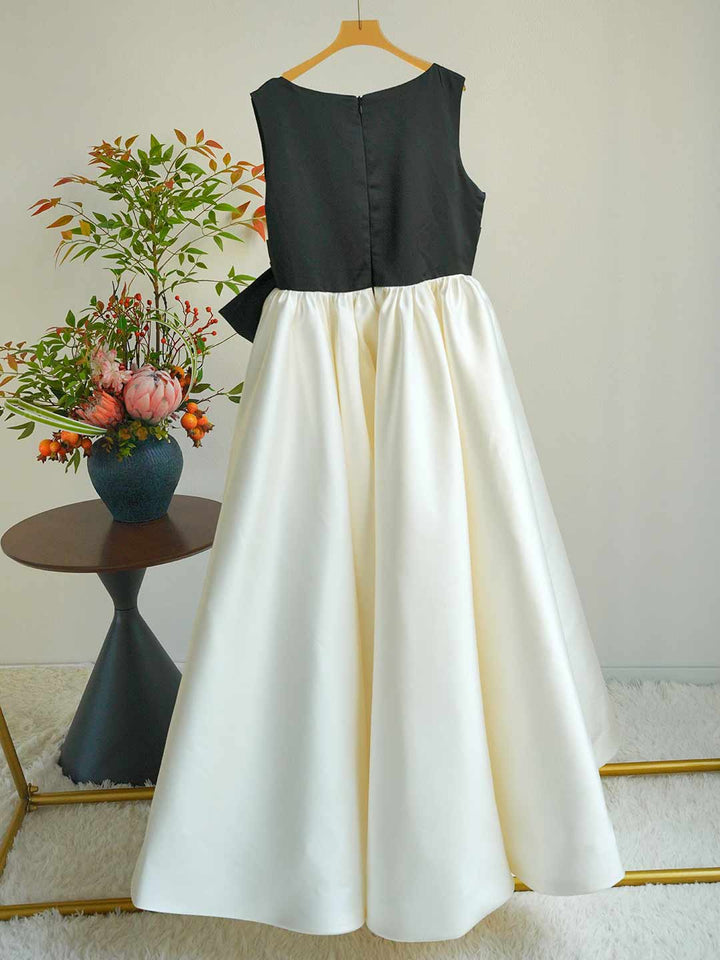 Ivory and Black Flower Girl Dress for Kids Elegant Satin Party Dress with Bowknot for Wedding D345