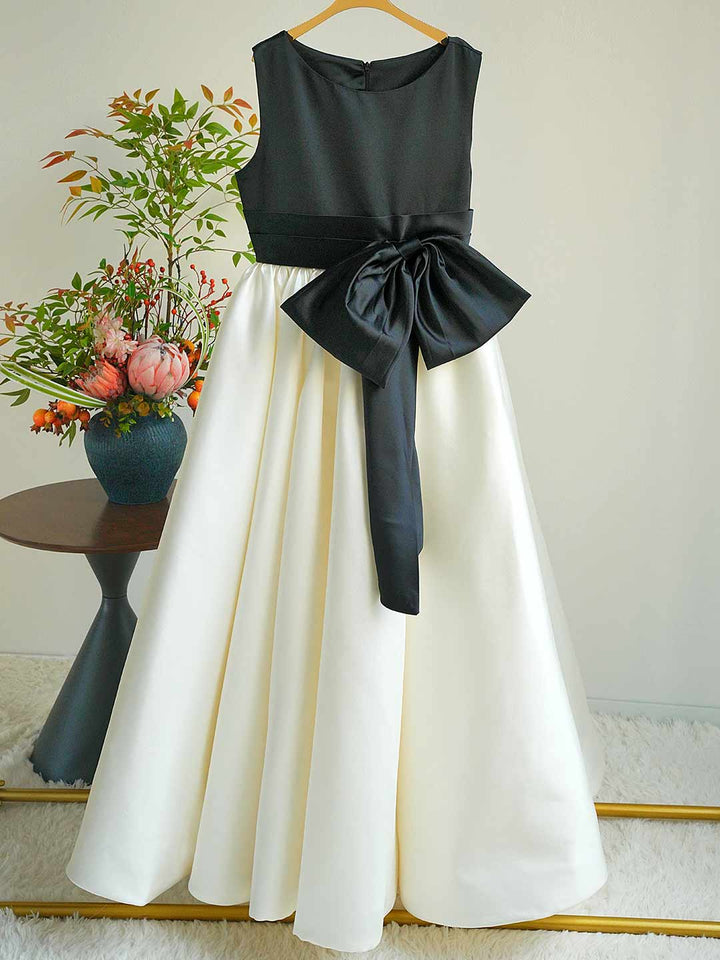 Ivory and Black Flower Girl Dress for Kids Elegant Satin Party Dress with Bowknot for Wedding D345