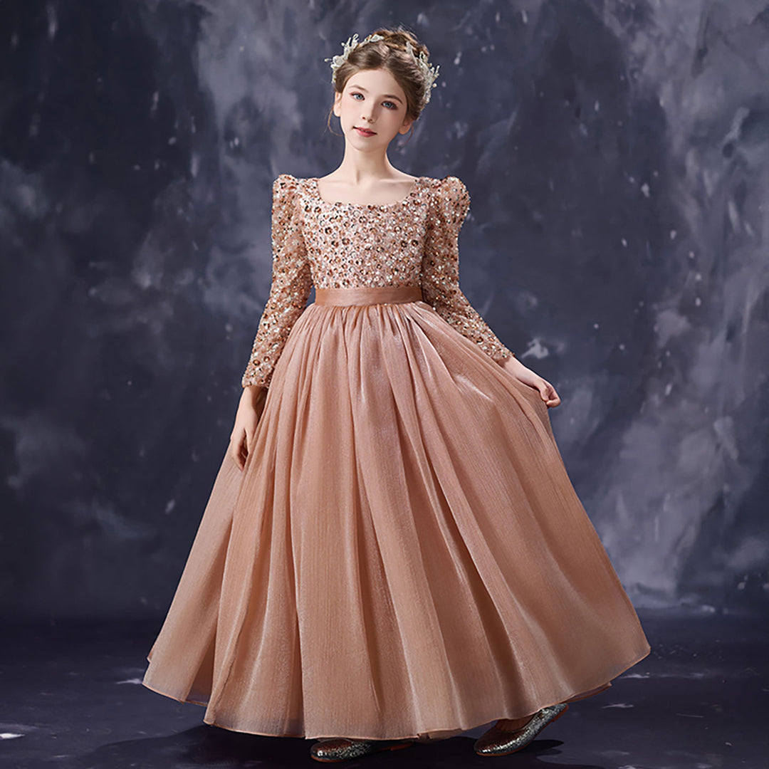 Rose Gold Flower Girl Dress Sparkly Glitter Long Sleeve Tulle Birthday DreamyVow Rose Gold Flower Girl Dress Sparkly Glitter Long Sleeve Tulle Birthday DreamyVow