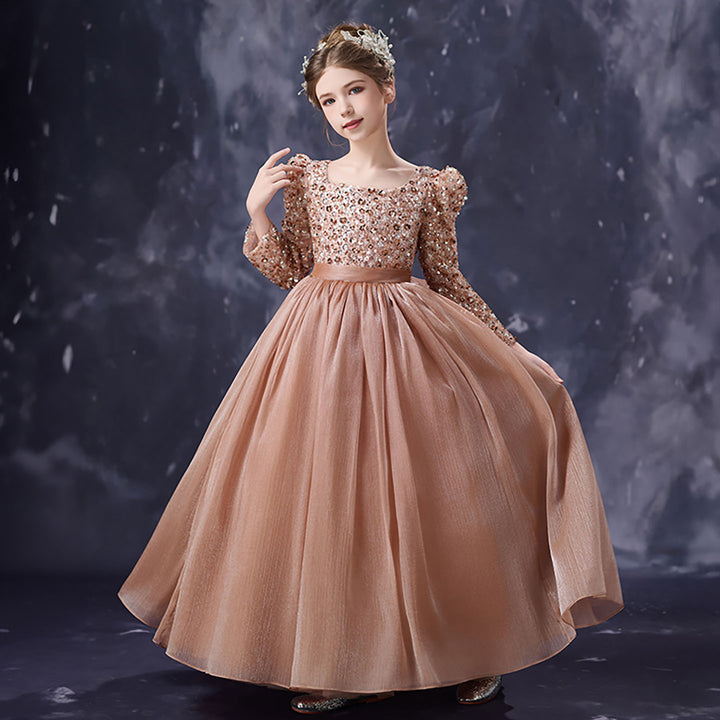 Rose Gold Flower Girl Dress Sparkly Glitter Long Sleeve Tulle Birthday DreamyVow Rose Gold Flower Girl Dress Sparkly Glitter Long Sleeve Tulle Birthday DreamyVow