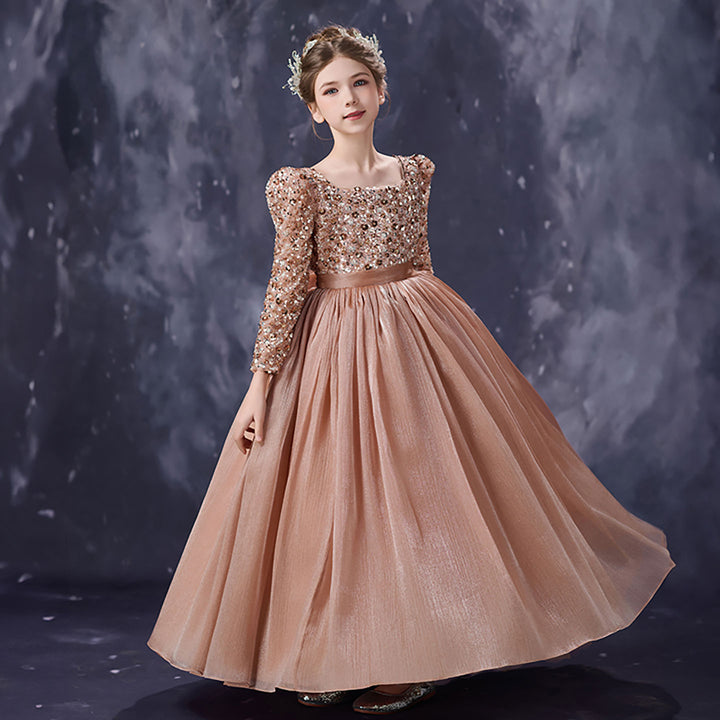 Rose Gold Flower Girl Dress Sparkly Glitter Long Sleeve Tulle Birthday DreamyVow Rose Gold Flower Girl Dress Sparkly Glitter Long Sleeve Tulle Birthday DreamyVow