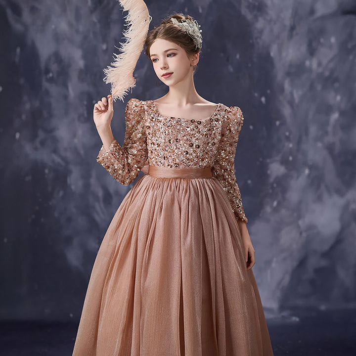 Rose Gold Flower Girl Dress Sparkly Glitter Long Sleeve Tulle Birthday Party Gown D355