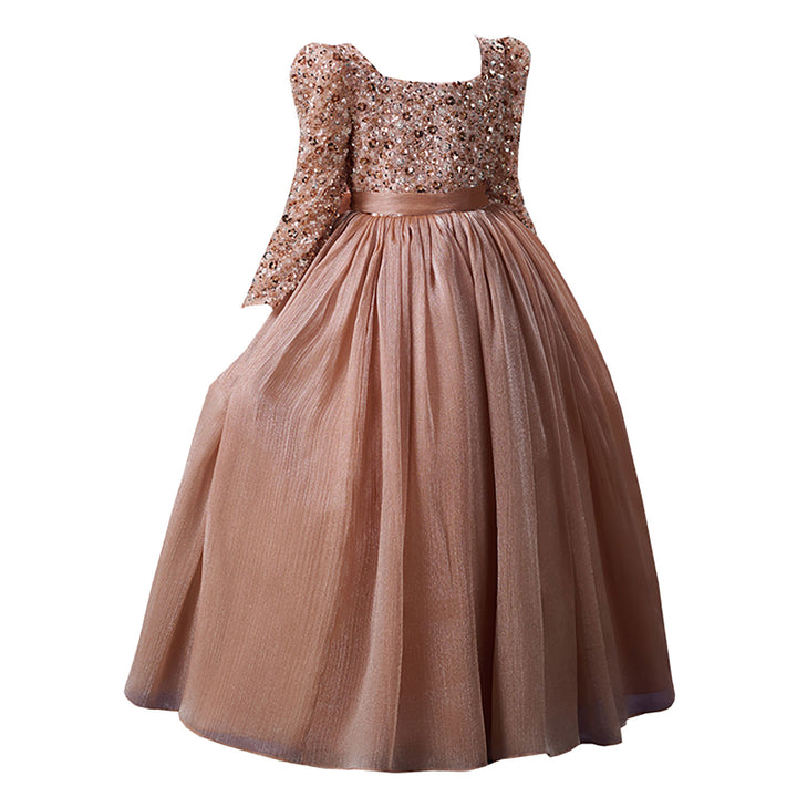 Rose Gold Flower Girl Dress Sparkly Glitter Long Sleeve Tulle Birthday Party Gown D355