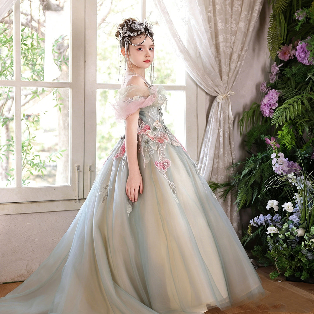 Sage Green Flower Girl Dress Elegant Floral Applique Off-Shoulder Tull DreamyVow Sage Green Flower Girl Dress Elegant Floral Applique Off-Shoulder Tull DreamyVow